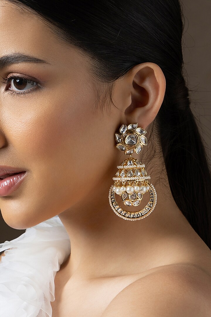 Gold plated Hydro Polki & Pearl Jhumka Earrings by Joules By Radhika at Pernia's Pop Up Shop