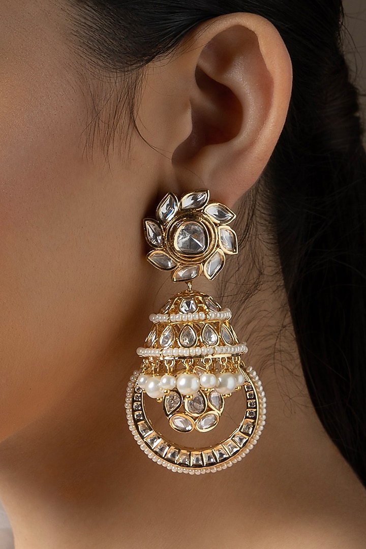Gold plated Hydro Polki & Pearl Jhumka Earrings by Joules By Radhika at Pernia's Pop Up Shop