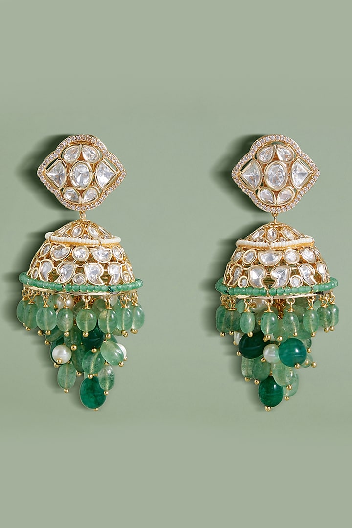 Gold plated Hydro Polki & Green Agate Bead Jhumka Earrings by Joules By Radhika at Pernia's Pop Up Shop