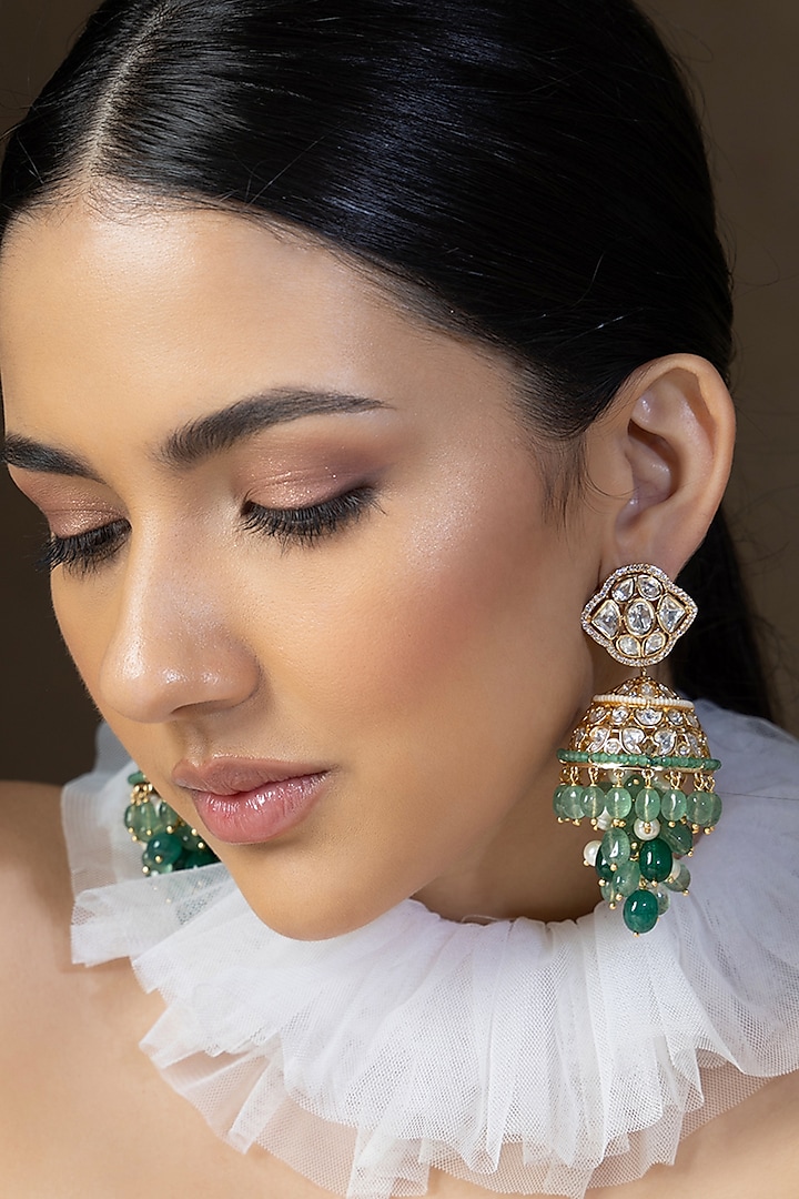 Gold plated Hydro Polki & Green Agate Bead Jhumka Earrings by Joules By Radhika at Pernia's Pop Up Shop