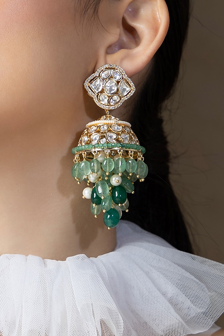 Gold plated Hydro Polki & Green Agate Bead Jhumka Earrings by Joules By Radhika at Pernia's Pop Up Shop