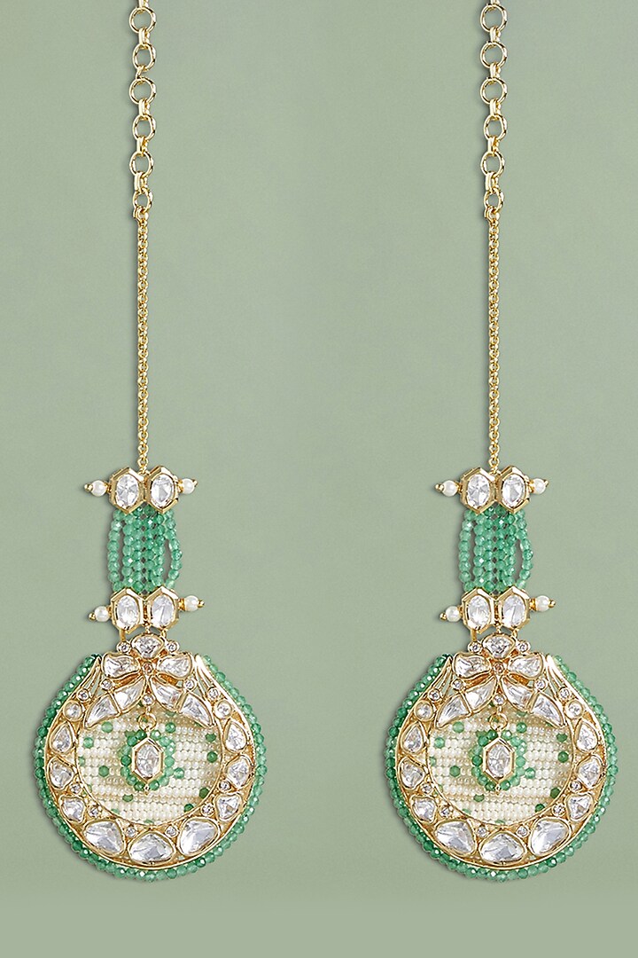 Gold plated Hydro Polki & Green Jade Stone Dangler Earrings by Joules By Radhika at Pernia's Pop Up Shop