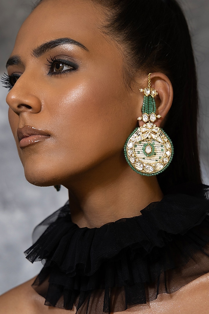Gold plated Hydro Polki & Green Jade Stone Dangler Earrings by Joules By Radhika at Pernia's Pop Up Shop