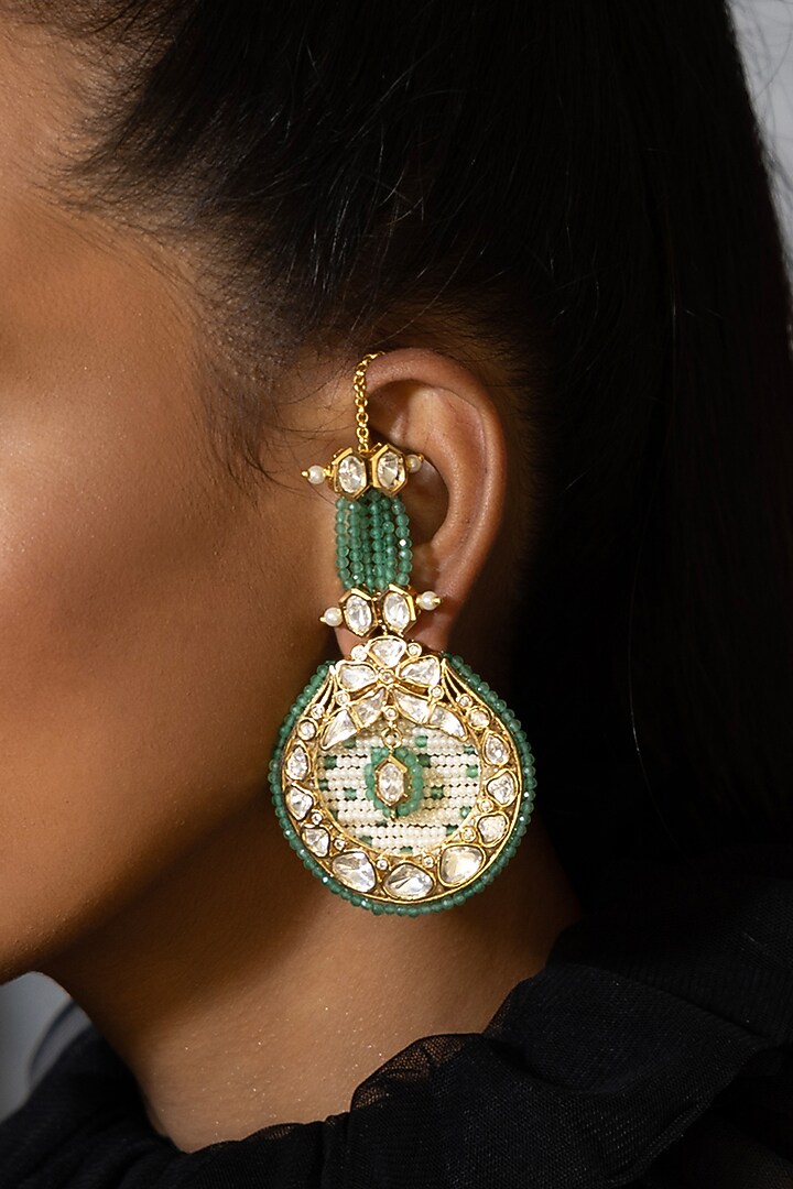 Gold plated Hydro Polki & Green Jade Stone Dangler Earrings by Joules By Radhika at Pernia's Pop Up Shop