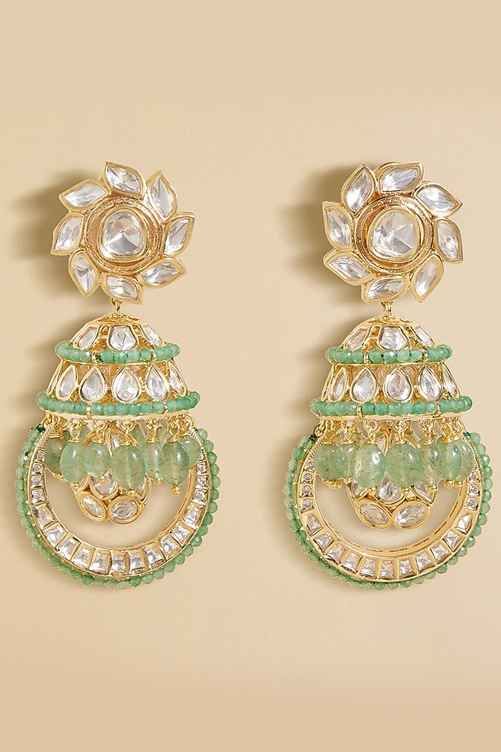 Gold plated Hydro Polki & Agate Beaded Jhumka Earrings by Joules By Radhika at Pernia's Pop Up Shop