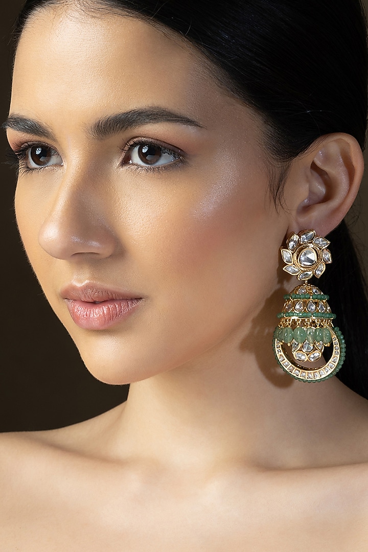 Gold plated Hydro Polki & Agate Beaded Jhumka Earrings by Joules By Radhika at Pernia's Pop Up Shop
