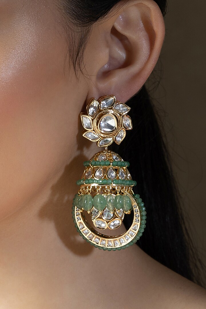 Gold plated Hydro Polki & Agate Beaded Jhumka Earrings by Joules By Radhika at Pernia's Pop Up Shop