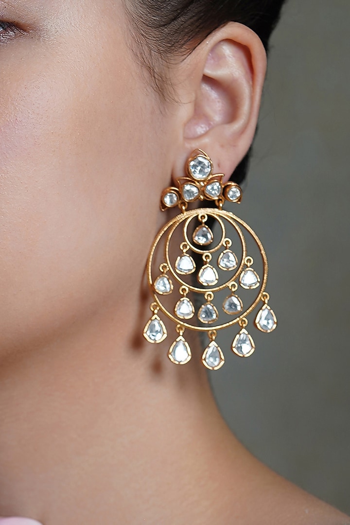 Yellow Gold Finish Zarmina Drop Dangler Earrings by Joules By Radhika at Pernia's Pop Up Shop