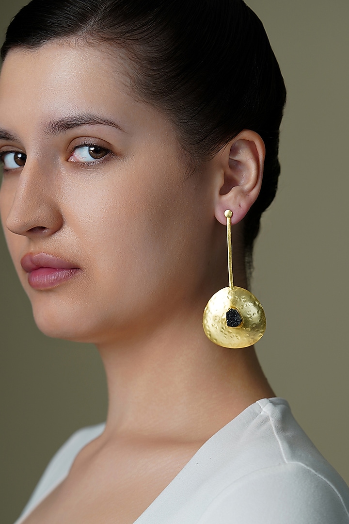 Yellow Gold Finish Obsidian Stone Petal Drop Earrings by Joules By Radhika at Pernia's Pop Up Shop