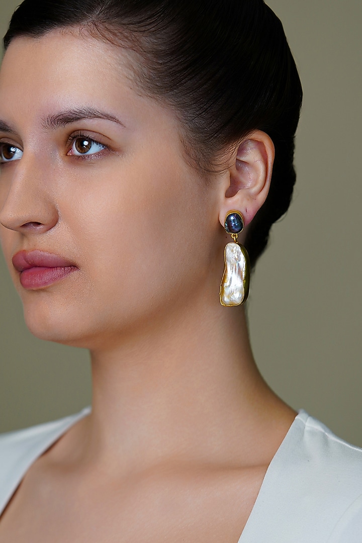 Yellow Gold Finish White Stone Drop Dangler Earrings by Joules By Radhika at Pernia's Pop Up Shop