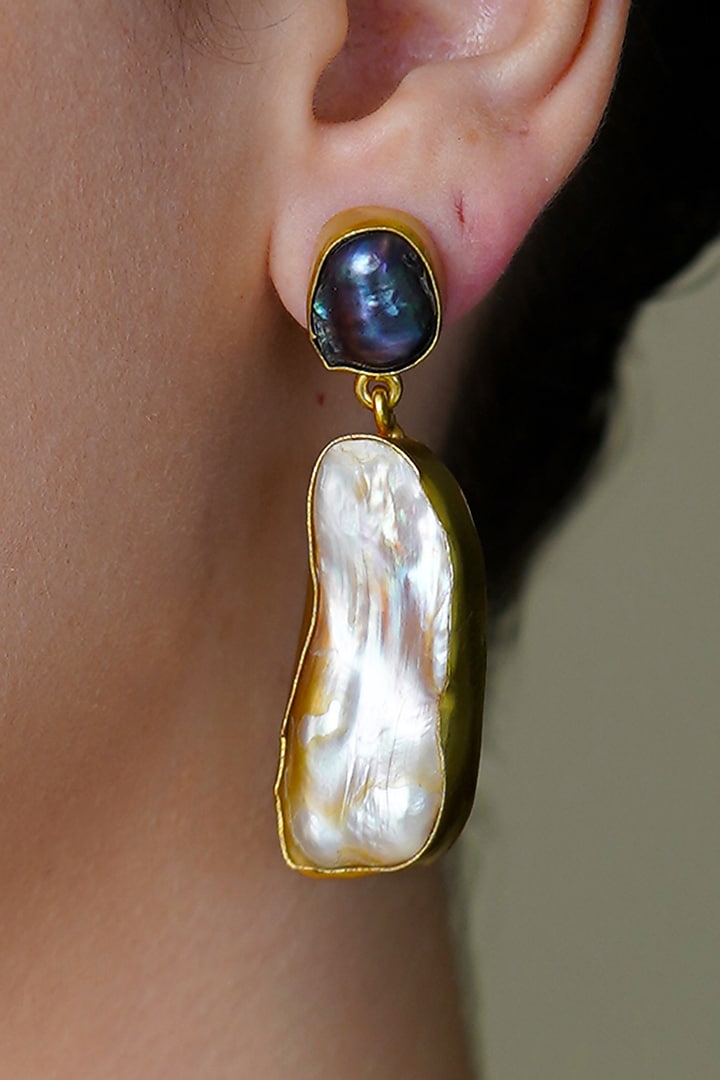 Yellow Gold Finish White Stone Drop Dangler Earrings by Joules By Radhika at Pernia's Pop Up Shop