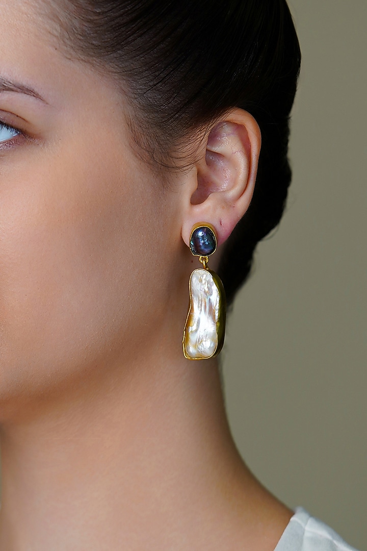 Yellow Gold Finish White Stone Drop Dangler Earrings by Joules By Radhika at Pernia's Pop Up Shop