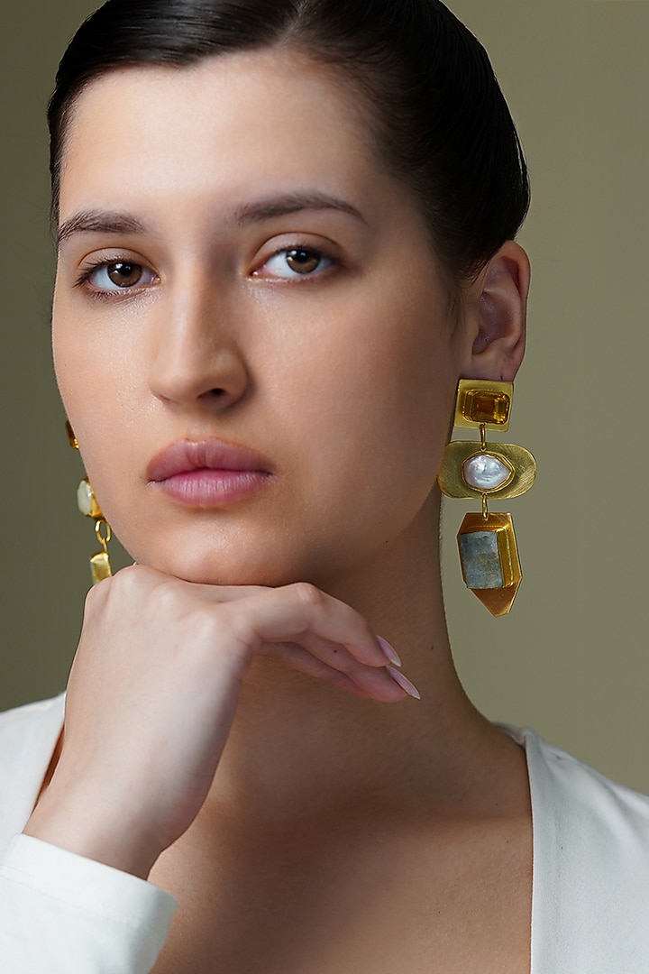 Yellow Gold Finish Pearl & Green Stone Dangler Earrings by Joules By Radhika at Pernia's Pop Up Shop