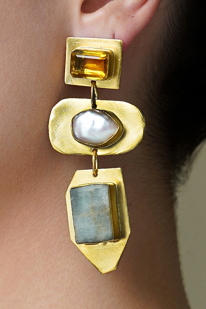 Yellow Gold Finish Pearl & Green Stone Dangler Earrings by Joules By Radhika at Pernia's Pop Up Shop