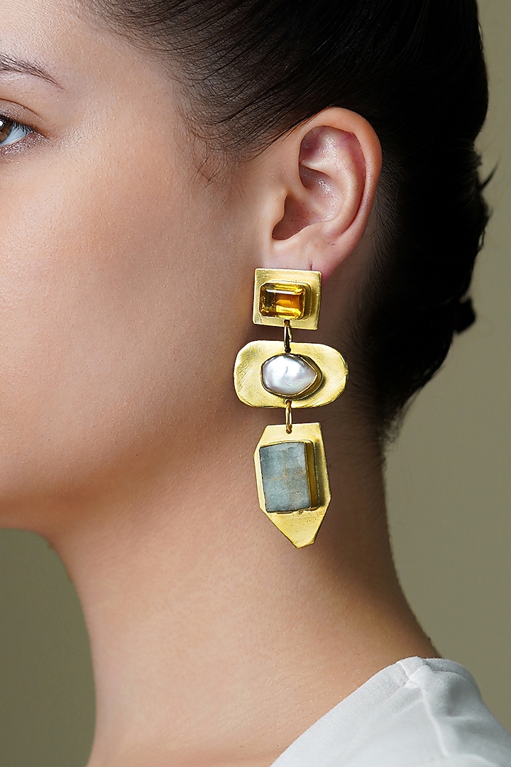 Yellow Gold Finish Pearl & Green Stone Dangler Earrings by Joules By Radhika at Pernia's Pop Up Shop