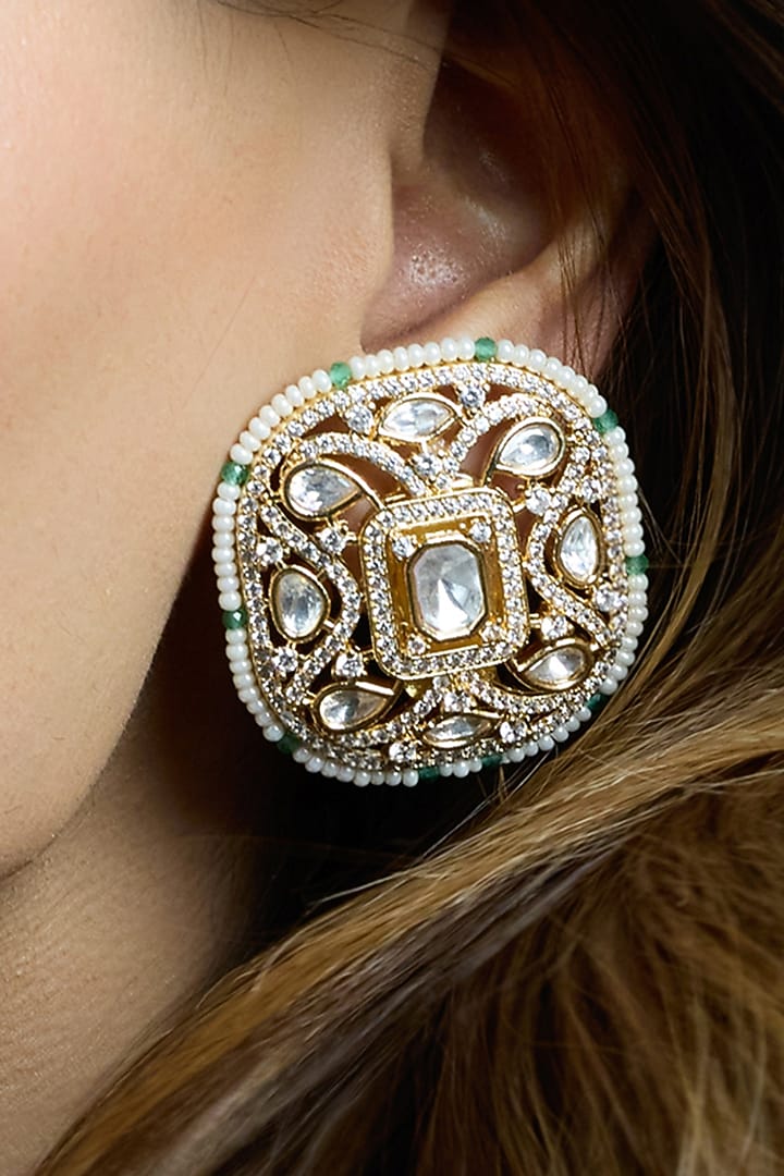 Yellow Gold Finish Uncut Kundan Polki Floral Stud Earrings by Joules By Radhika at Pernia's Pop Up Shop