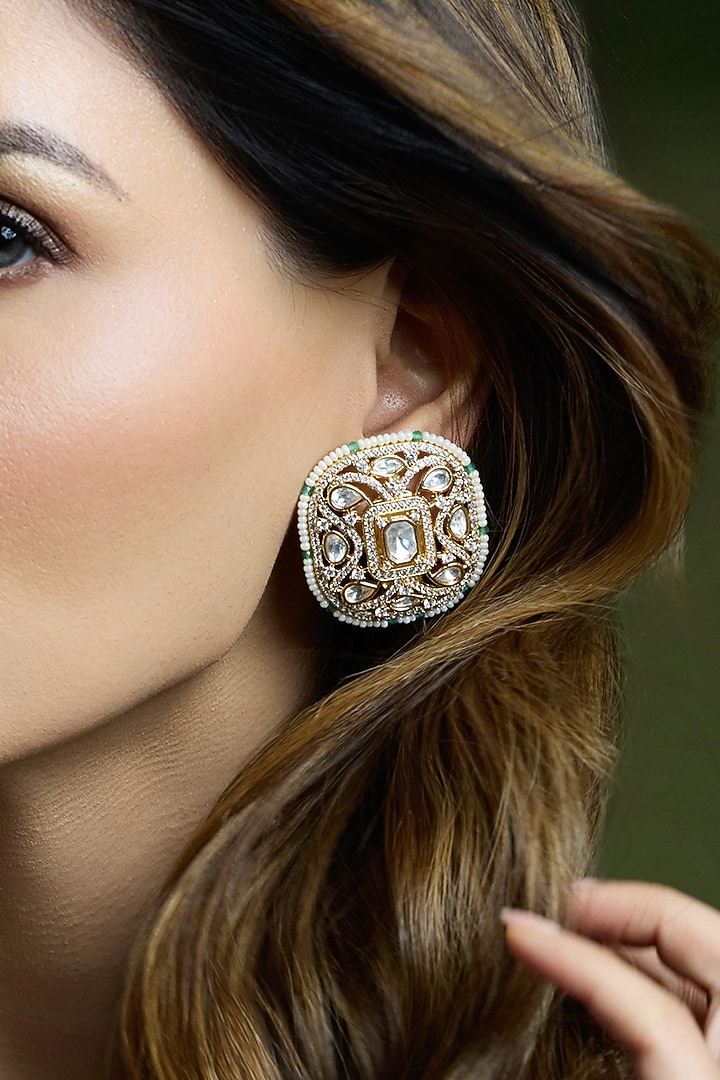 Yellow Gold Finish Uncut Kundan Polki Floral Stud Earrings by Joules By Radhika at Pernia's Pop Up Shop