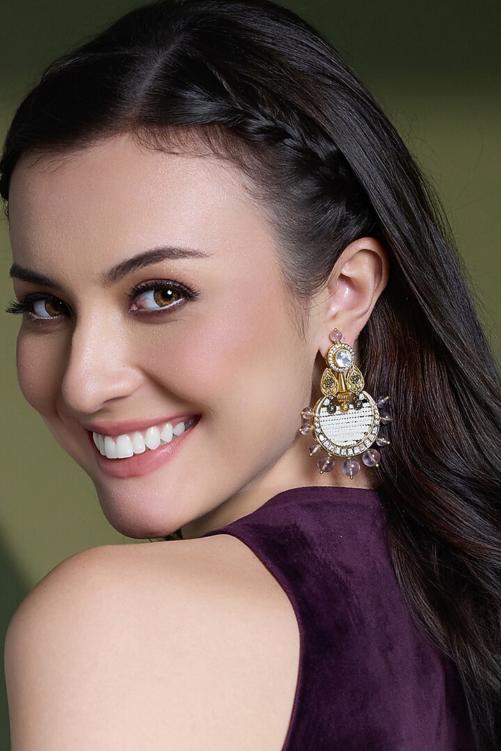 Yellow Gold Finish Kundan Polki & Amethyst Stone Drop Earrings by Joules By Radhika at Pernia's Pop Up Shop