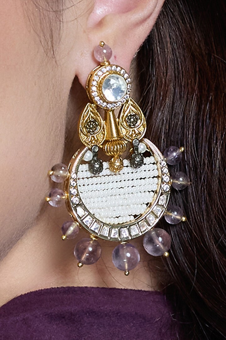 Yellow Gold Finish Kundan Polki & Amethyst Stone Drop Earrings by Joules By Radhika at Pernia's Pop Up Shop