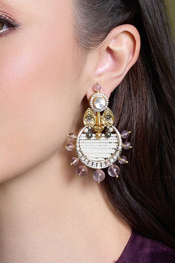 Yellow Gold Finish Kundan Polki & Amethyst Stone Drop Earrings by Joules By Radhika at Pernia's Pop Up Shop