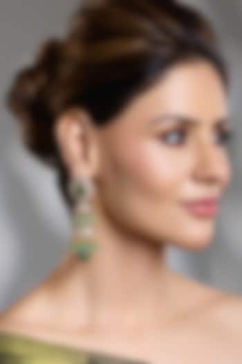 Yellow Gold Finish Emerald Green Stone Floral Long Earrings by Joules By Radhika at Pernia's Pop Up Shop