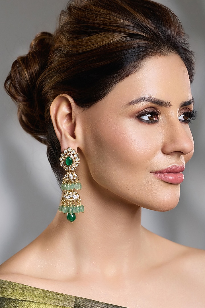 Yellow Gold Finish Emerald Green Stone Floral Long Earrings by Joules By Radhika at Pernia's Pop Up Shop