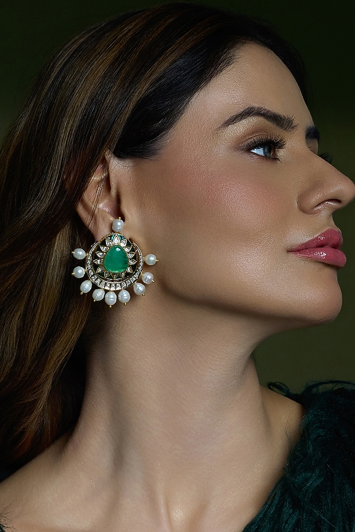 Yellow Gold Finish Green Stone & Pearl Stud Earrings by Joules By Radhika at Pernia's Pop Up Shop