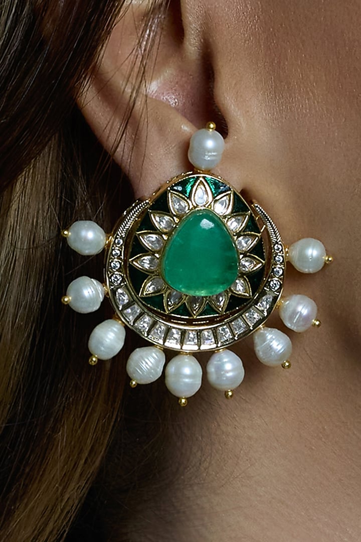 Yellow Gold Finish Green Stone & Pearl Stud Earrings by Joules By Radhika at Pernia's Pop Up Shop