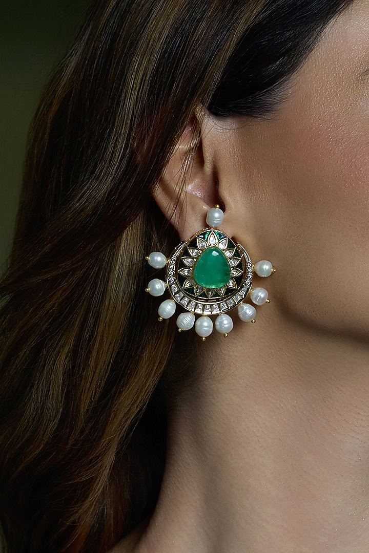 Yellow Gold Finish Green Stone & Pearl Stud Earrings by Joules By Radhika at Pernia's Pop Up Shop