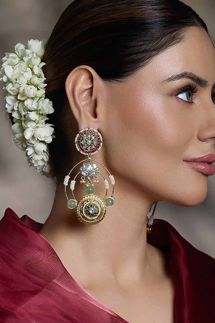 Yellow Gold Finish Pearl & Green Stone Jadau Earrings by Joules By Radhika at Pernia's Pop Up Shop