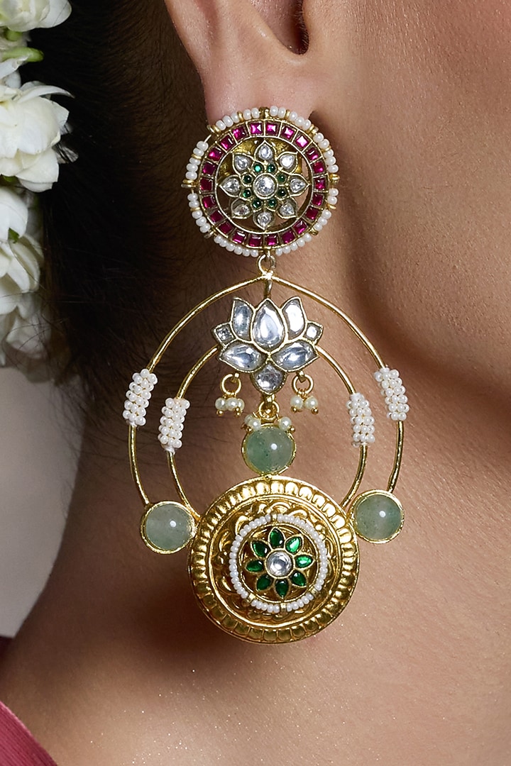 Yellow Gold Finish Pearl & Green Stone Jadau Earrings by Joules By Radhika at Pernia's Pop Up Shop