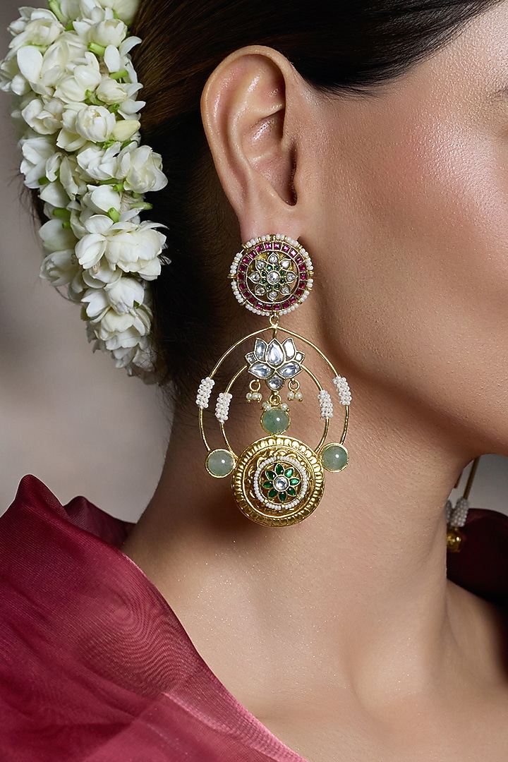 Yellow Gold Finish Pearl & Green Stone Jadau Earrings by Joules By Radhika at Pernia's Pop Up Shop