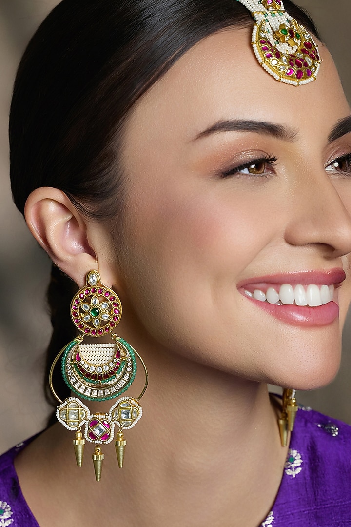 Yellow Gold Finish Enameled Chandbali Earrings by Joules By Radhika at Pernia's Pop Up Shop