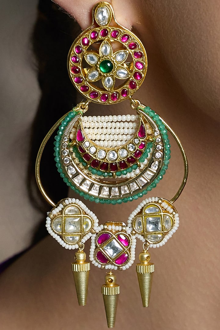 Yellow Gold Finish Enameled Chandbali Earrings by Joules By Radhika at Pernia's Pop Up Shop