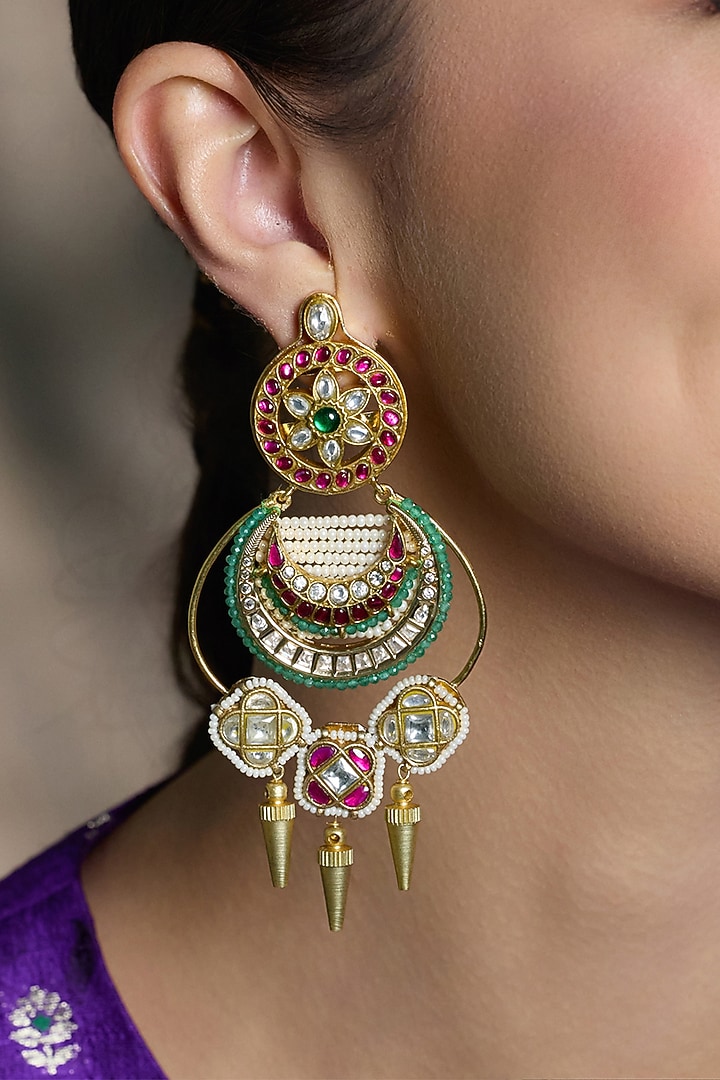 Yellow Gold Finish Enameled Chandbali Earrings by Joules By Radhika at Pernia's Pop Up Shop