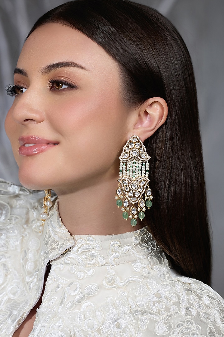 Yellow Gold Finish Kundan Polki & Green Beaded Dangler Earrings by Joules By Radhika at Pernia's Pop Up Shop