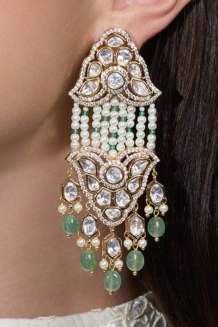 Yellow Gold Finish Kundan Polki & Green Beaded Dangler Earrings by Joules By Radhika at Pernia's Pop Up Shop