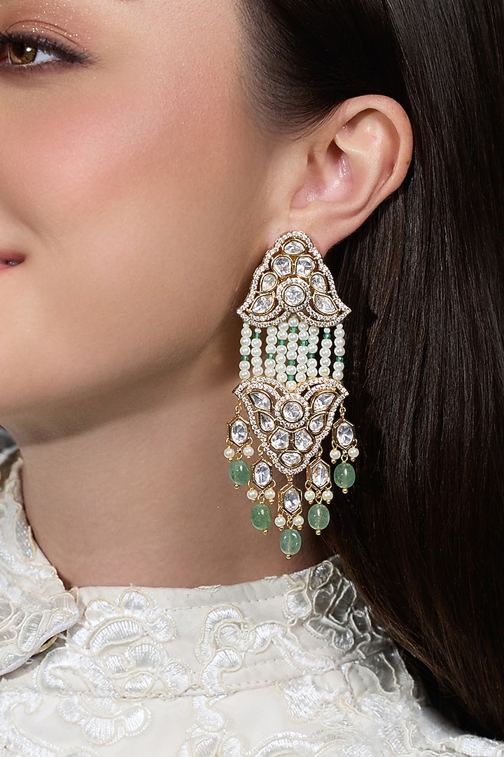 Yellow Gold Finish Kundan Polki & Green Beaded Dangler Earrings by Joules By Radhika at Pernia's Pop Up Shop