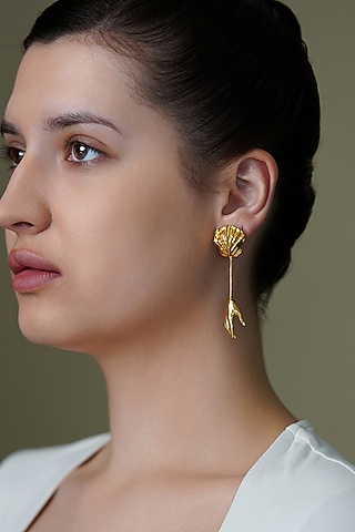Yellow Gold Finish Ember Bud Long Earrings by Joules By Radhika