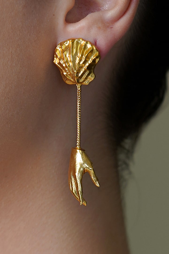 Yellow Gold Finish Ember Bud Long Earrings by Joules By Radhika at Pernia's Pop Up Shop