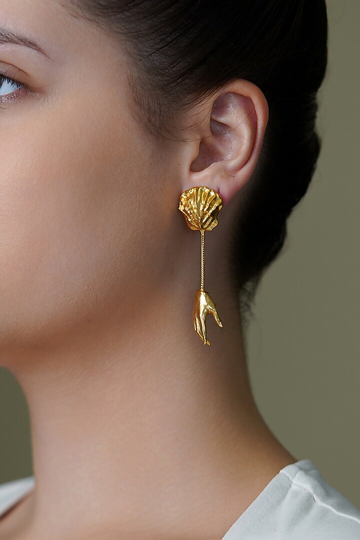 Yellow Gold Finish Ember Bud Long Earrings by Joules By Radhika at Pernia's Pop Up Shop
