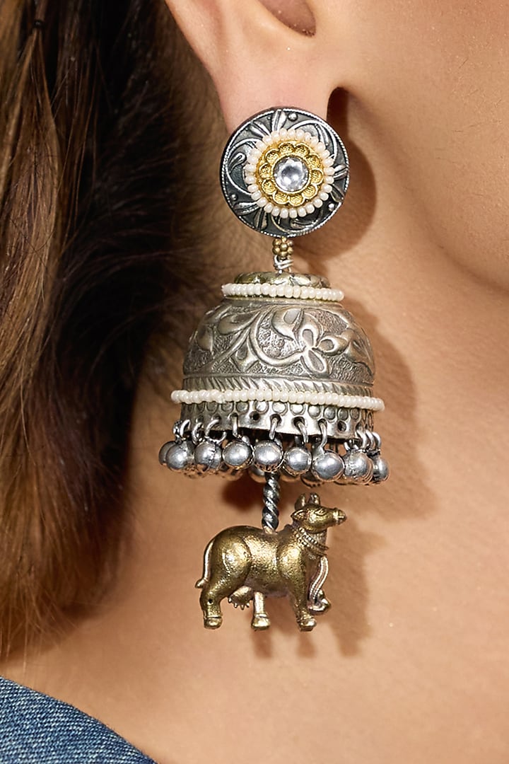 Oxidised Silver Finish Jhumka Earrings by Joules By Radhika at Pernia's Pop Up Shop