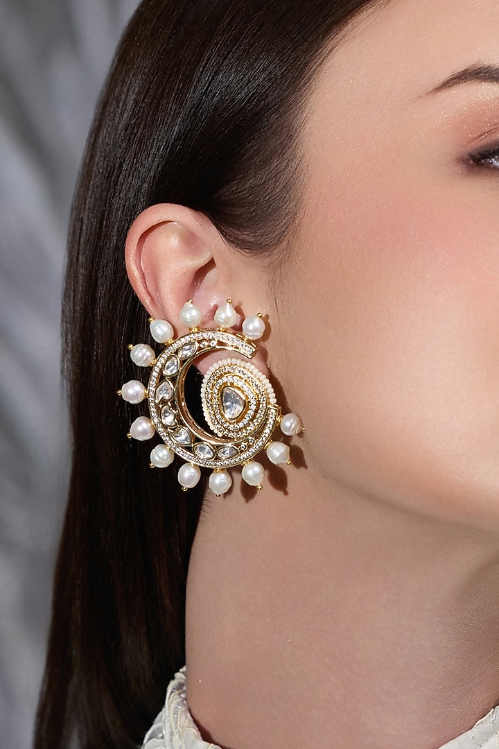 Yellow Gold Finish Kundan Polki & Pearl Stud Earring by Joules By Radhika at Pernia's Pop Up Shop