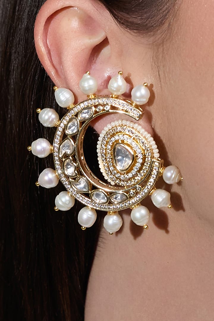 Yellow Gold Finish Kundan Polki & Pearl Stud Earring by Joules By Radhika at Pernia's Pop Up Shop