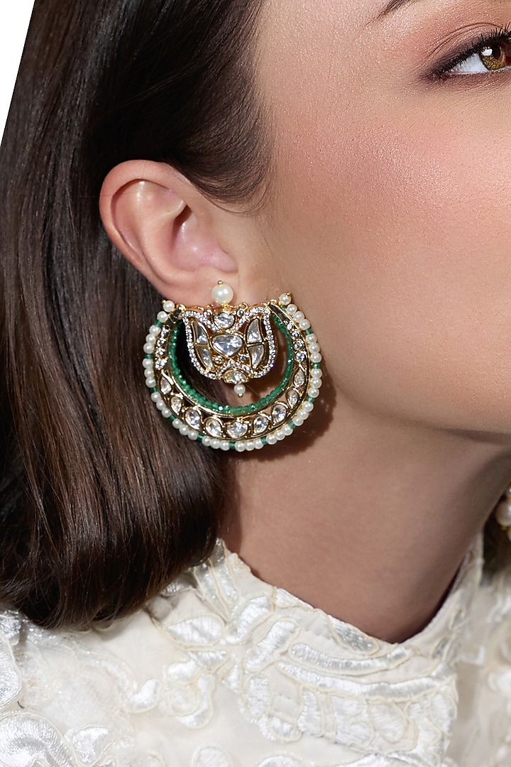Yellow Gold Finish Kundan Polki & Mint Stone Crescent Earring by Joules By Radhika at Pernia's Pop Up Shop
