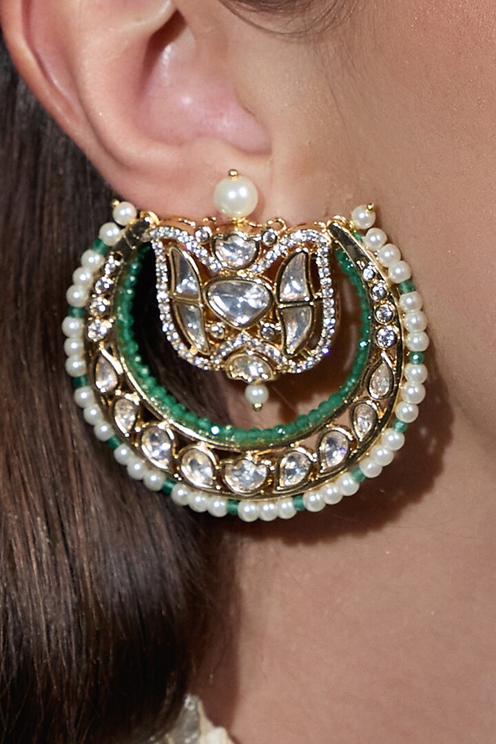 Yellow Gold Finish Kundan Polki & Mint Stone Crescent Earring by Joules By Radhika at Pernia's Pop Up Shop