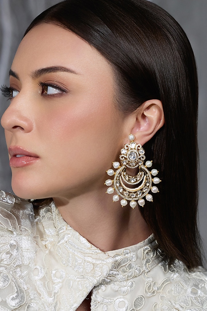 Yellow Gold Finish Kundan Polki & Pearl Drop Chandbali Earring by Joules By Radhika at Pernia's Pop Up Shop