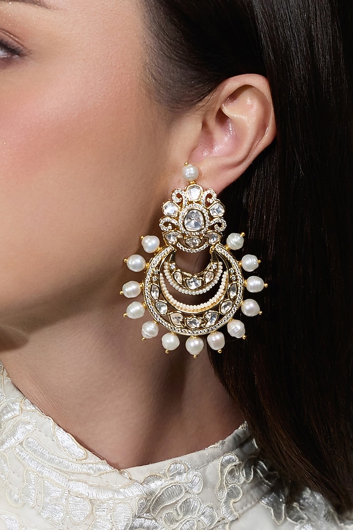 Yellow Gold Finish Kundan Polki & Pearl Drop Chandbali Earring by Joules By Radhika at Pernia's Pop Up Shop