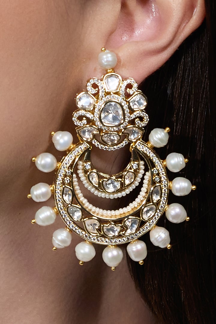 Yellow Gold Finish Kundan Polki & Pearl Drop Chandbali Earring by Joules By Radhika at Pernia's Pop Up Shop