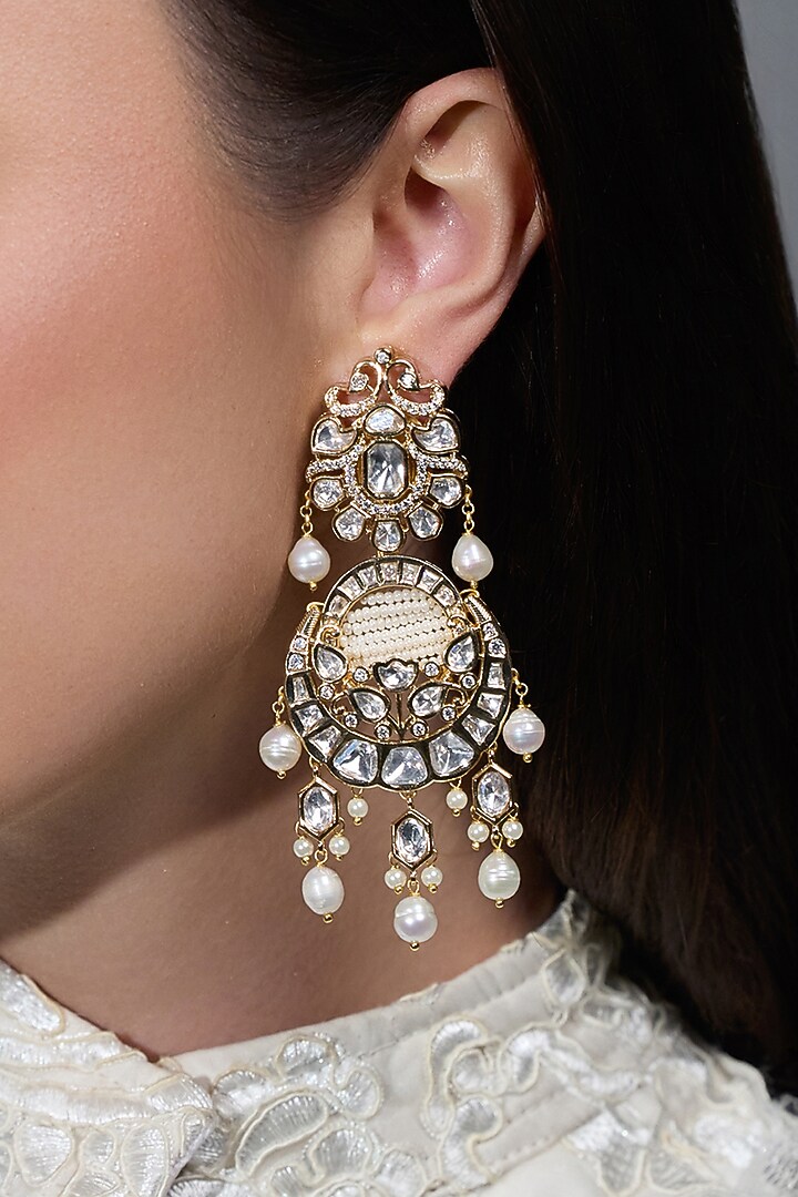 Yellow Gold Finish Kundan Polki Circular Drop Earring by Joules By Radhika at Pernia's Pop Up Shop